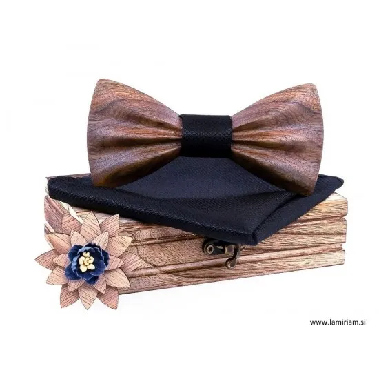 Moški leseni 3-delni set-metuljček elegant črni LMS100 () modni-leseni-metuljcek-z-robckom Moški leseni 3-delni set-metuljček elegant črni LMS100
