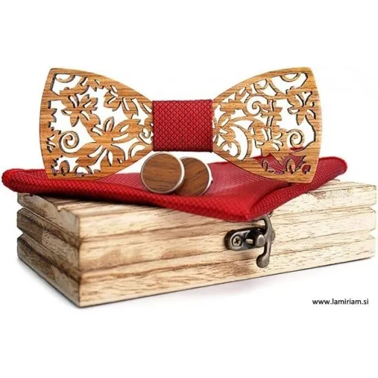 Moški leseni 3-delni set-metuljček Flora rdeči LMS101  Moški leseni metuljčki