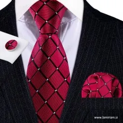 Moška kravata 3-delni set plaid bordojsko rdeča KR103