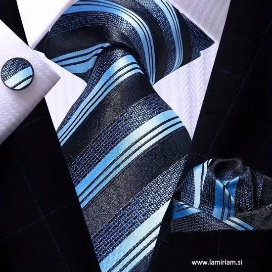 Moška kravata 3-delni set Aldo modra KRS103 - Elegantni komplet moška kravata, manšetni gumbi in žepni robček Moška kravata 3-delni set Aldo modra KRS103