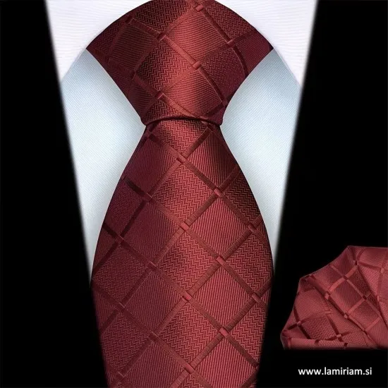 Moška kravata 2-delni set plaid bordojsko-rdeča KRS105 - Elegantni komplet moške kravate in robčka Moška kravata 2-delni set plaid bordojsko-rdeča KRS105
