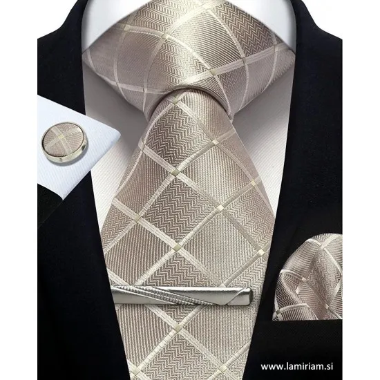 Moška kravata 3-delni set plaid bež-šampanjec KR103 - Elegantni komplet kravate, robčka in manšetnih gumbov Moška kravata 3-delni set plaid bež-šampanjec KR103