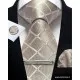 Moška kravata 3-delni set plaid bež-šampanjec KR103 - Elegantni komplet kravate, robčka in manšetnih gumbov Moška kravata 3-delni set plaid bež-šampanjec KR103
