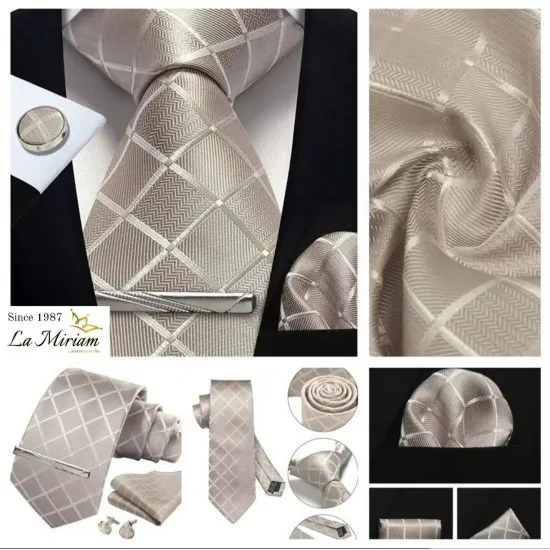 Moška kravata 3-delni set plaid bež-šampanjec KR103 - Elegantni komplet kravate, robčka in manšetnih gumbov Moška kravata 3-delni set plaid bež-šampanjec KR103