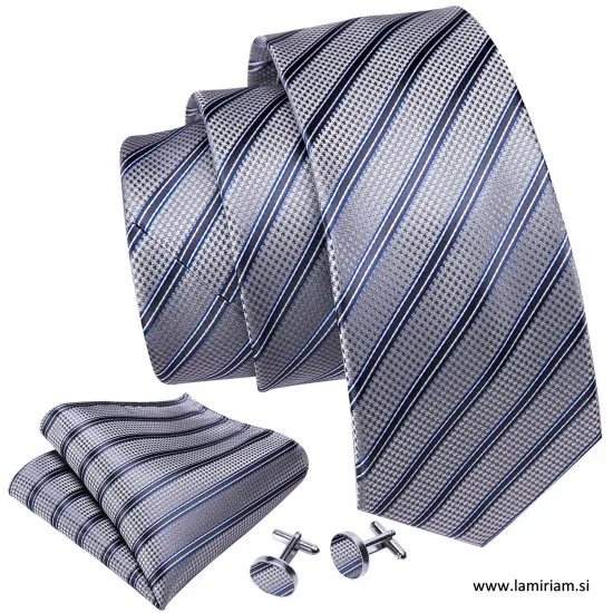  Moška kravata 3-delni set sivo-modre črte KR103 Moške kravate 