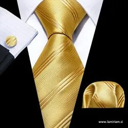  Moška kravata 3-delni set šampanjec-zlata črte KR103