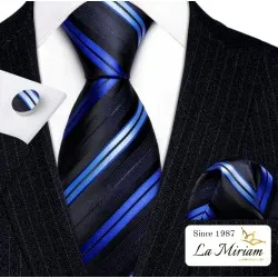  Moška kravata 3-delni set modra Lan modre črte KR103