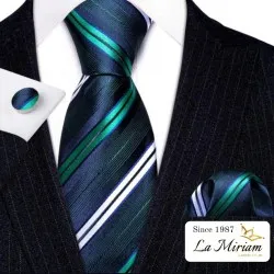  Moška kravata 3-delni set Lan modra zeleno-bele črte  KR103