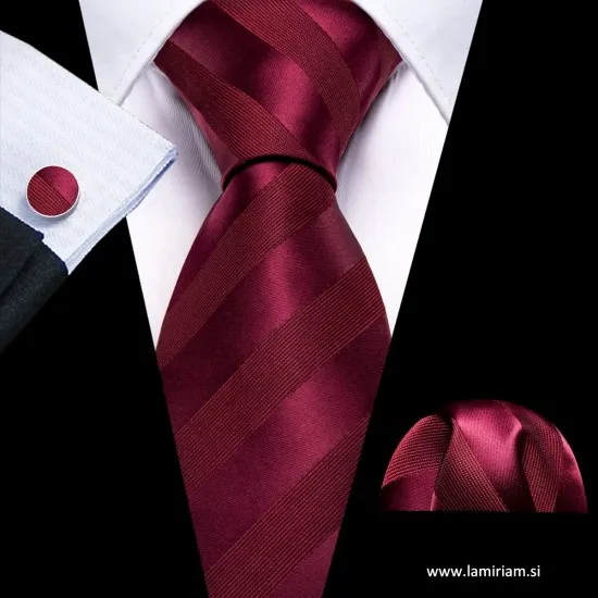  Moška kravata 3-delni set Ben bordojsko-rdeča črte KR103 Moške kravate 