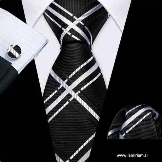 Moška kravata 3-delni set Žak črno-bela KR103 Moške kravate 