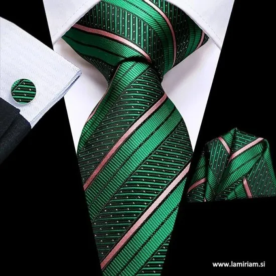  Moška kravata 3-delni set Ben črte zelena KR103  Moške poslovne set-kravate