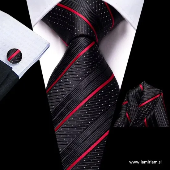 Moška kravata 3-delni set Ben črte črna KR103 Moške set-kravate 
