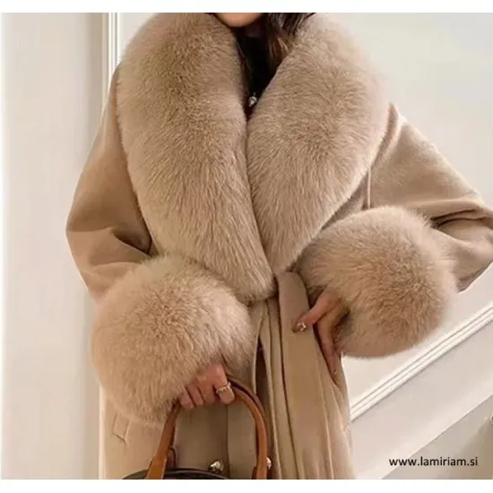 Set krzneni ovratnik in obroba za rokave bež KC100 Modni krzneni šal in kape