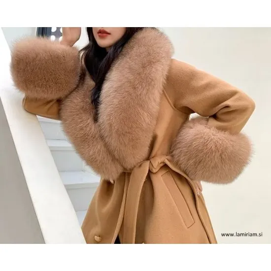 Set krzneni ovratnik in obroba za rokave kamel-bež KC100 Modni krzneni šal in kape