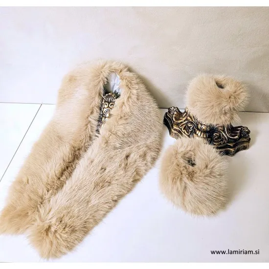 Set krzneni ovratnik in obroba za rokave bež KCU201 Modni krzneni šal in kape