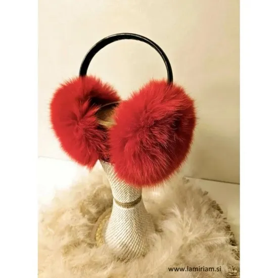 Modni naušniki pravo krzno - slušalke rdeči N100 Modni krzneni šali in kape