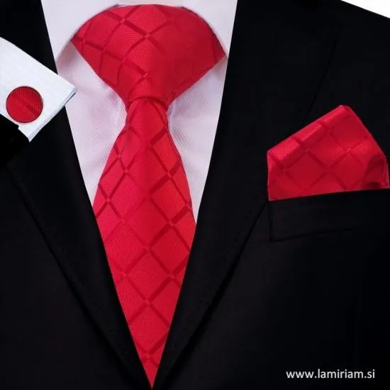 Moška kravata 3-delni set plaid rdeča KR103 Moške kravate 
